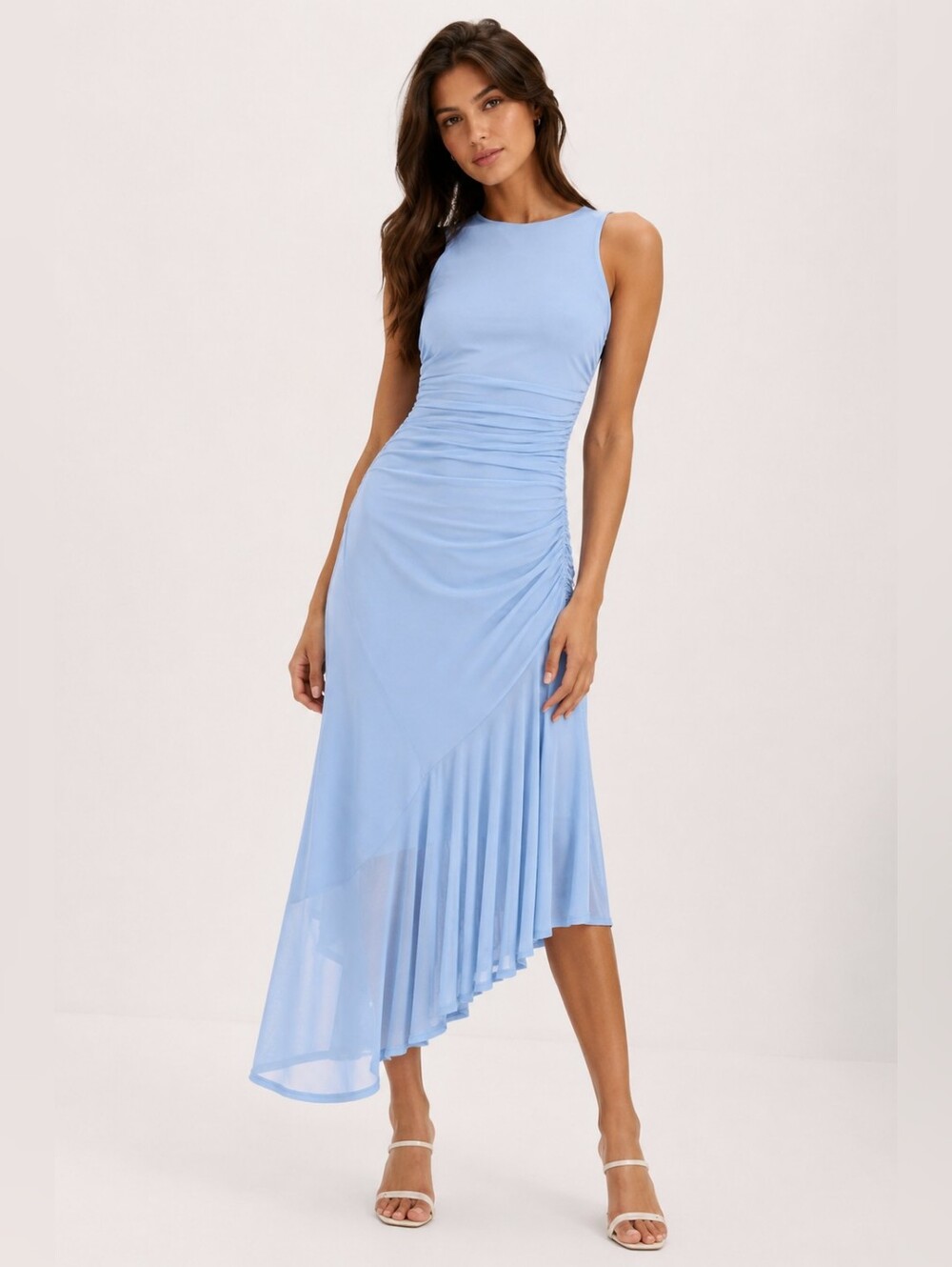 NWT Steve Madden Laney Light Blue Ruched Mesh Asymmetrical Maxi Dress L